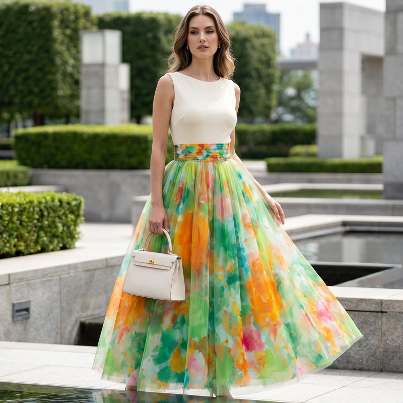 ✨👗Saia midi de tule com estampado floral em aquarela para mulher