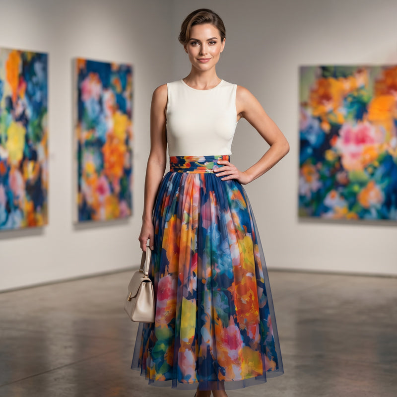 ✨👗Saia midi de tule com estampado floral em aquarela para mulher
