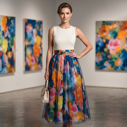 ✨👗Saia midi de tule com estampado floral em aquarela para mulher