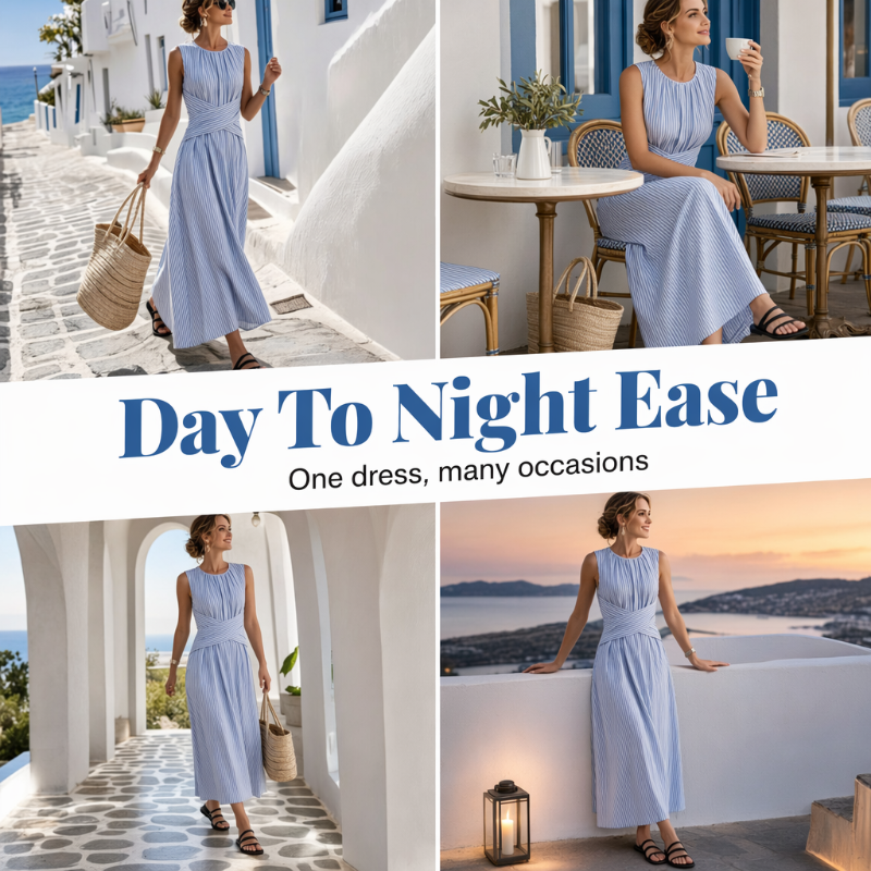 ✨ 🎀 Vestido sem mangas às riscas – Riscas clássicas e caimento lisonjeador – Elegância natural para qualquer ocasião.