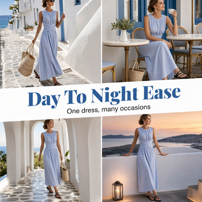 ✨ 🎀 Vestido sem mangas às riscas – Riscas clássicas e caimento lisonjeador – Elegância natural para qualquer ocasião.
