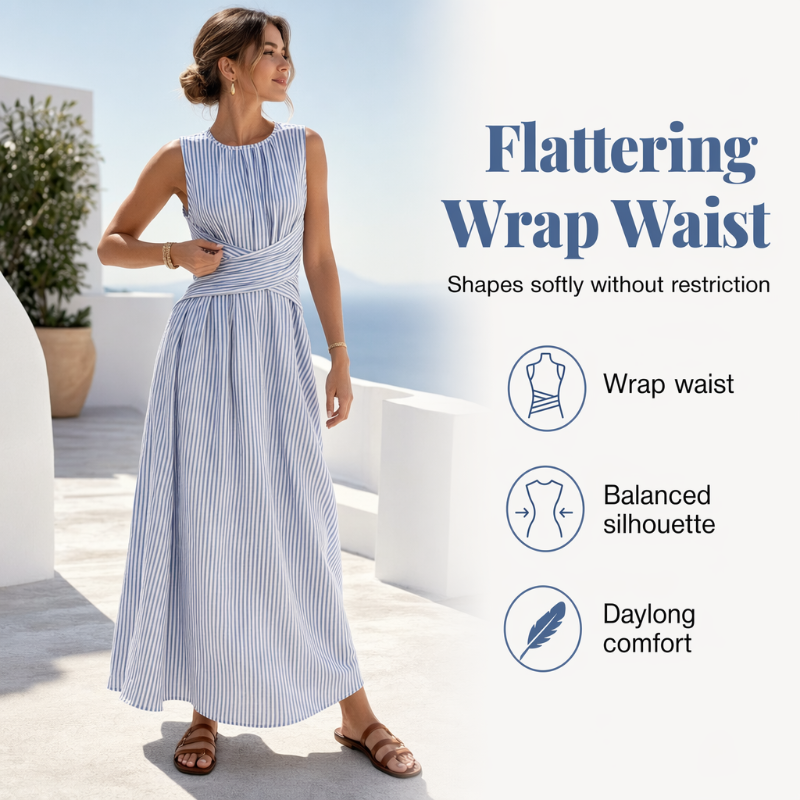 ✨ 🎀 Vestido sem mangas às riscas – Riscas clássicas e caimento lisonjeador – Elegância natural para qualquer ocasião.