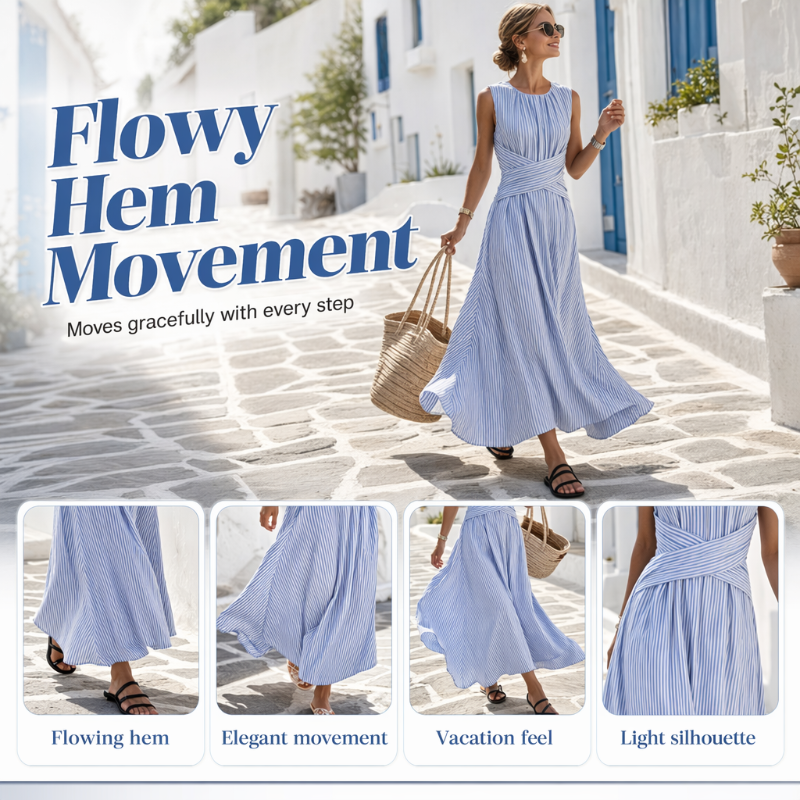 ✨ 🎀 Vestido sem mangas às riscas – Riscas clássicas e caimento lisonjeador – Elegância natural para qualquer ocasião.