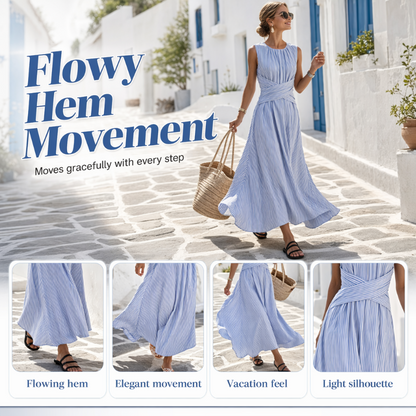 ✨ 🎀 Vestido sem mangas às riscas – Riscas clássicas e caimento lisonjeador – Elegância natural para qualquer ocasião.