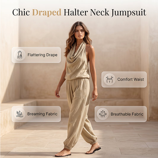 ✨💃 Fato elegante com decote halter drapeado – Silhueta descontraída com pernas largas ✨