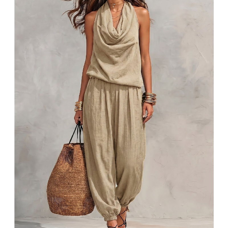 ✨💃 Fato elegante com decote halter drapeado – Silhueta descontraída com pernas largas ✨