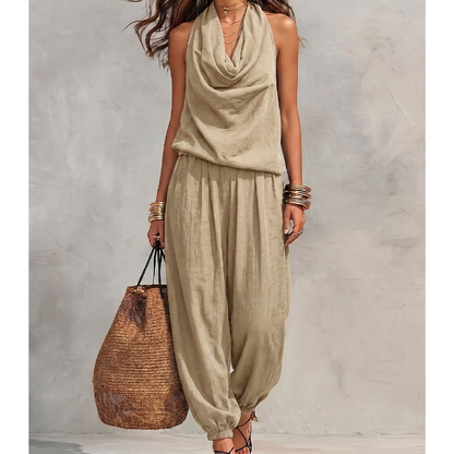 ✨💃 Fato elegante com decote halter drapeado – Silhueta descontraída com pernas largas ✨