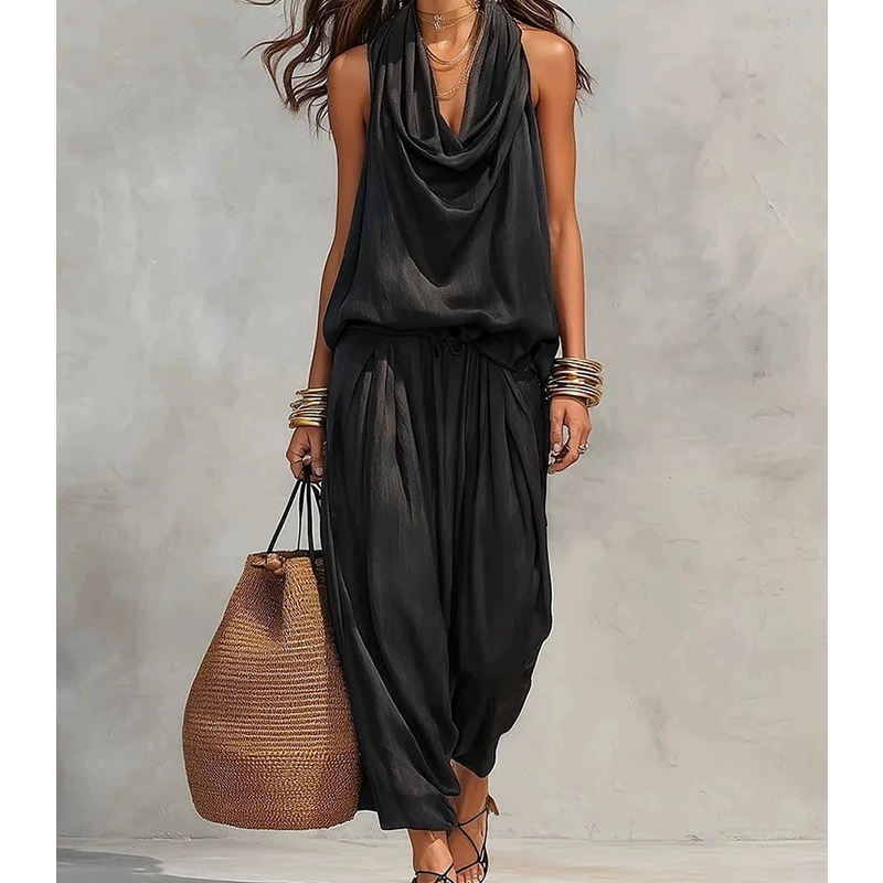 ✨💃 Fato elegante com decote halter drapeado – Silhueta descontraída com pernas largas ✨