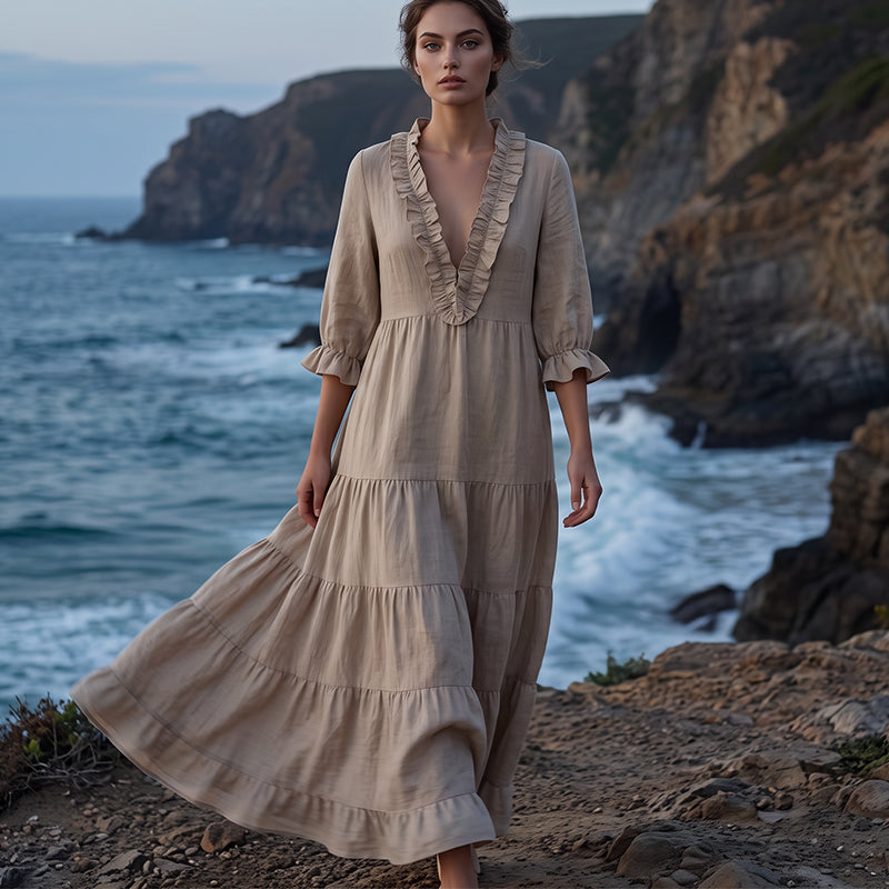 ⏰ Vestido maxi feminino com decote em V e folhos em camadas – Conforto arejado e charme feminino 🌸