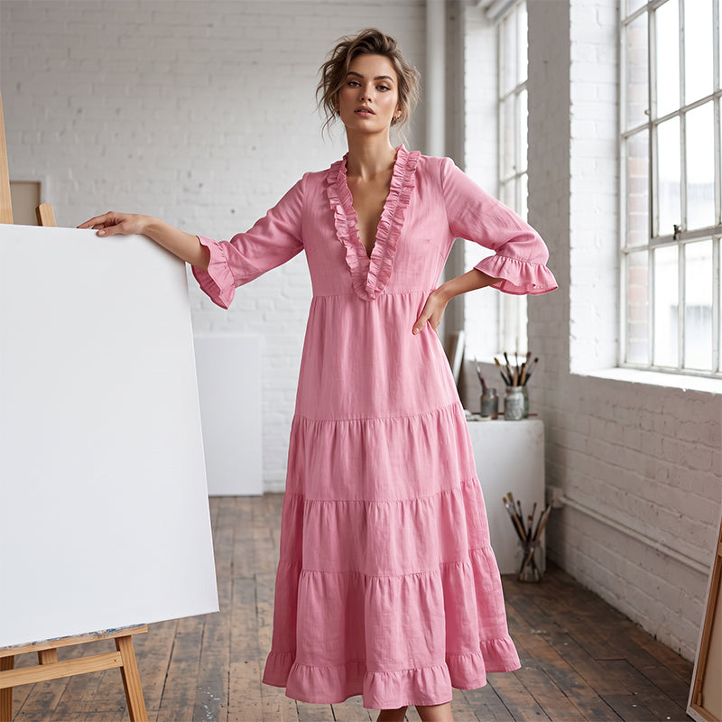 ⏰ Vestido maxi feminino com decote em V e folhos em camadas – Conforto arejado e charme feminino 🌸