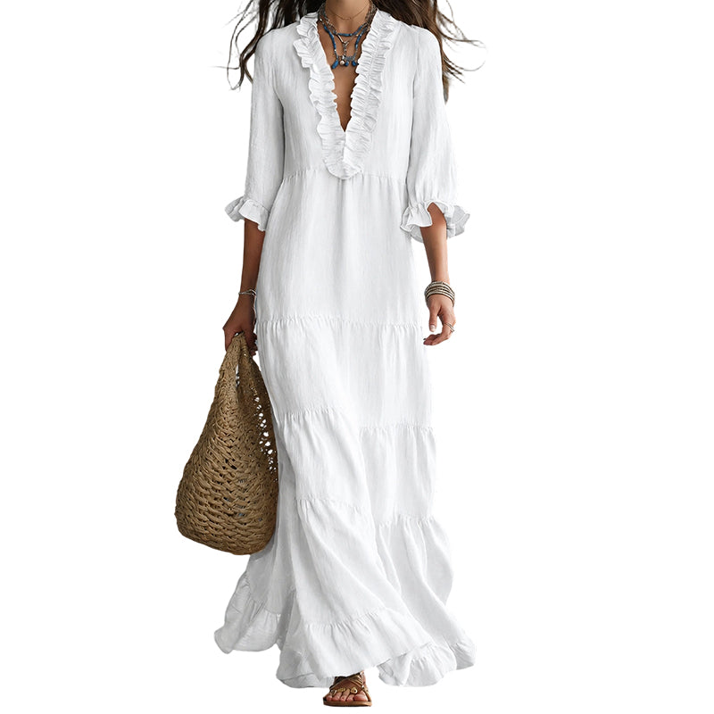 ⏰ Vestido maxi feminino com decote em V e folhos em camadas – Conforto arejado e charme feminino 🌸
