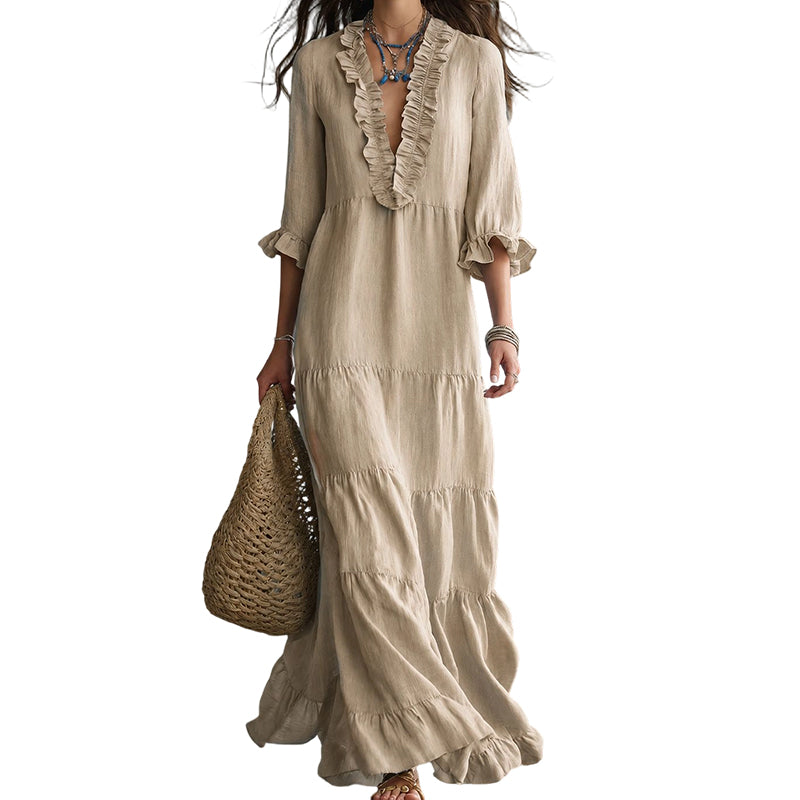 ⏰ Vestido maxi feminino com decote em V e folhos em camadas – Conforto arejado e charme feminino 🌸