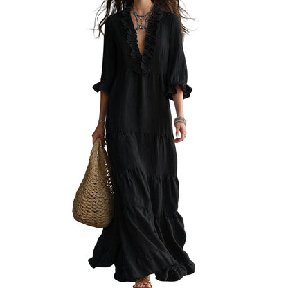 ⏰ Vestido maxi feminino com decote em V e folhos em camadas – Conforto arejado e charme feminino 🌸