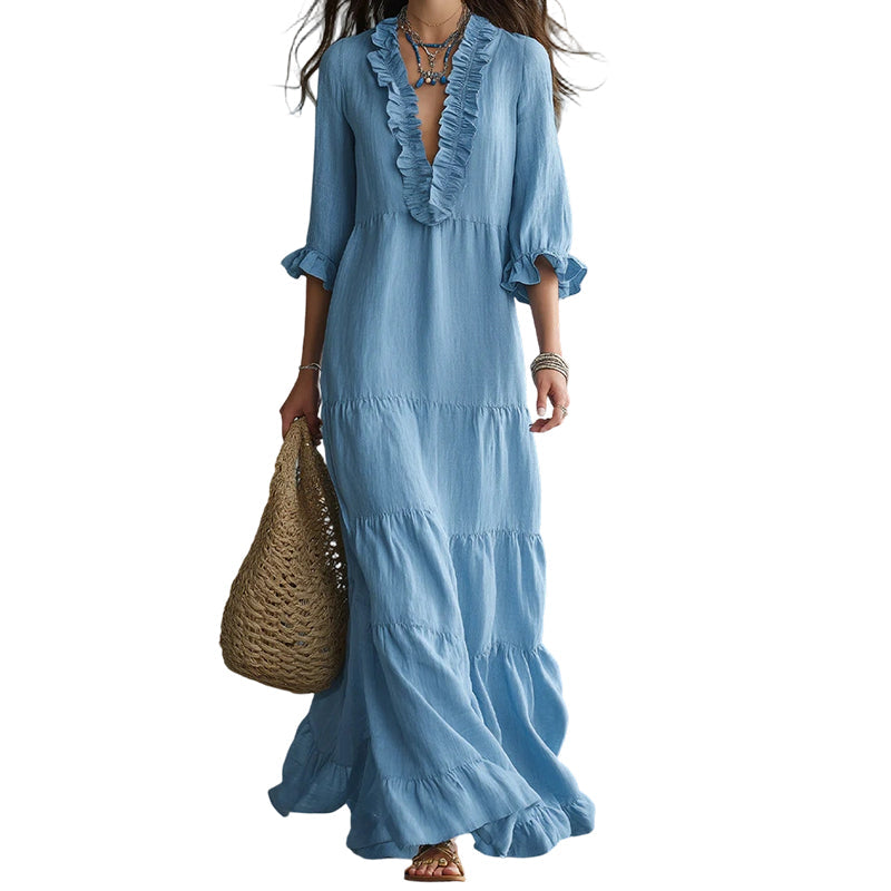 ⏰ Vestido maxi feminino com decote em V e folhos em camadas – Conforto arejado e charme feminino 🌸