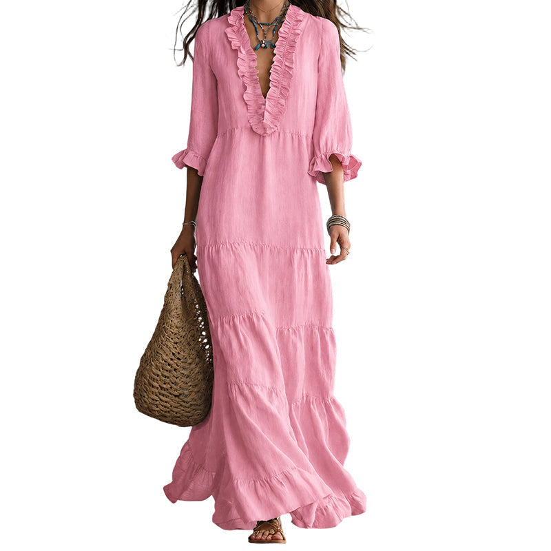 ⏰ Vestido maxi feminino com decote em V e folhos em camadas – Conforto arejado e charme feminino 🌸