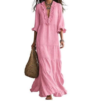 ⏰ Vestido maxi feminino com decote em V e folhos em camadas – Conforto arejado e charme feminino 🌸