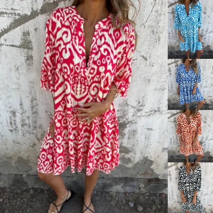 ✨👗Vestido com decote em V, estampado e mangas três quartos