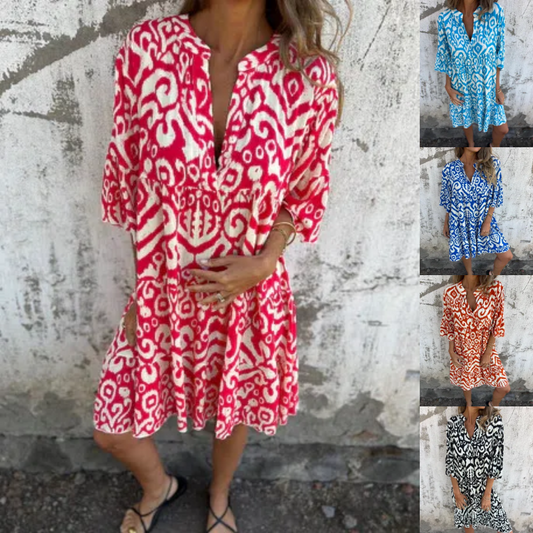 ✨👗Vestido com decote em V, estampado e mangas três quartos