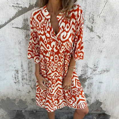✨👗Vestido com decote em V, estampado e mangas três quartos