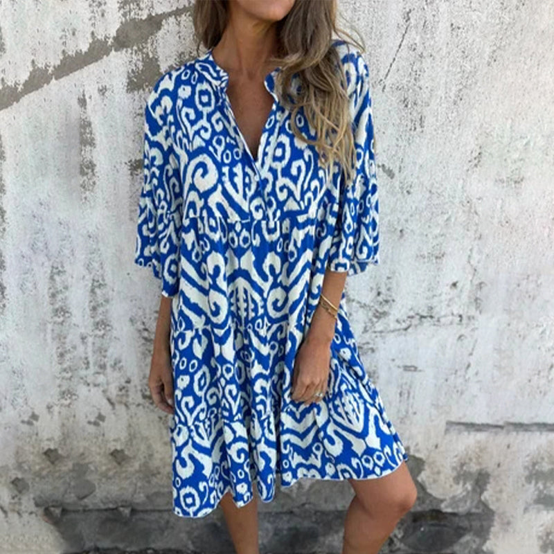 ✨👗Vestido com decote em V, estampado e mangas três quartos