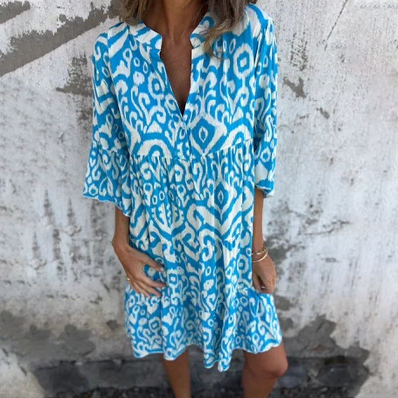 ✨👗Vestido com decote em V, estampado e mangas três quartos