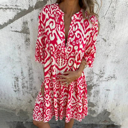 ✨👗Vestido com decote em V, estampado e mangas três quartos