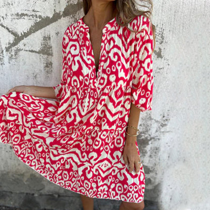 ✨👗Vestido com decote em V, estampado e mangas três quartos