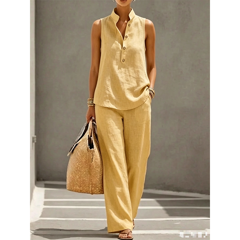 🎉💕Conjunto de top minimalista sem mangas e calças largas para mulher