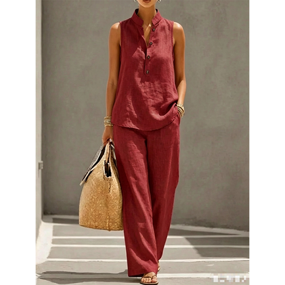 🎉💕Conjunto de top minimalista sem mangas e calças largas para mulher