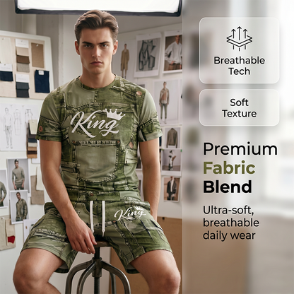 👕Conjunto de t-shirt e calções casuais para homem com estampado de imitação de ganga🩳✨