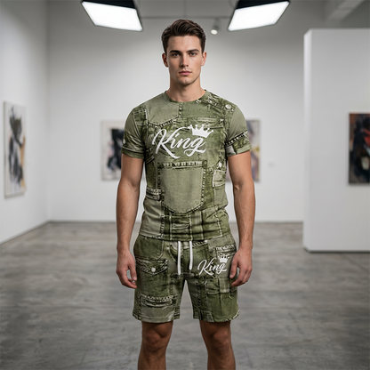 👕Conjunto de t-shirt e calções casuais para homem com estampado de imitação de ganga🩳✨