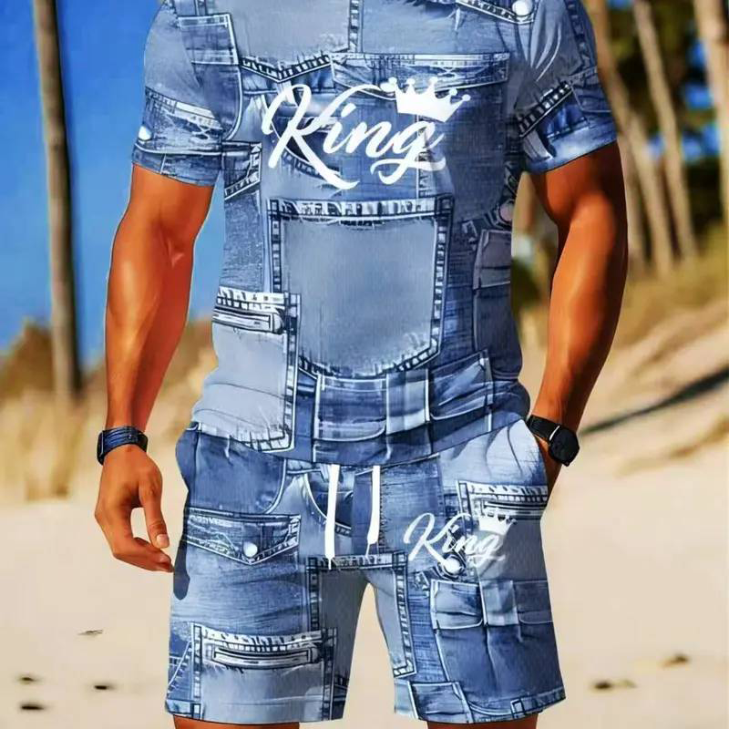 👕Conjunto de t-shirt e calções casuais para homem com estampado de imitação de ganga🩳✨