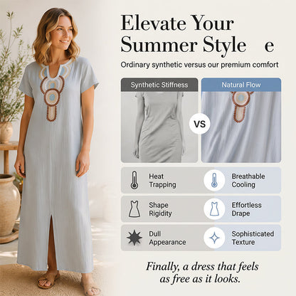 ✨👗Vestido Maxi Boho Bordado | Mistura Respirável & Corte Solto ✨