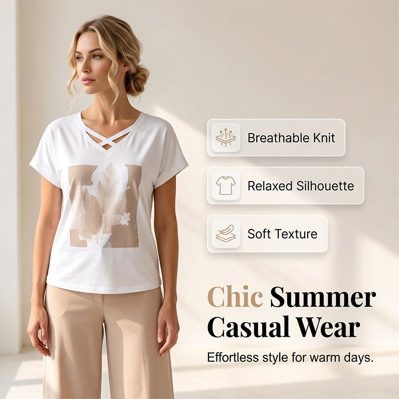 ✨👗Conjunto casual de duas peças para mulher: t-shirt com decote em V e calças curtas