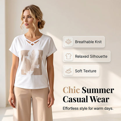 ✨👗Conjunto casual de duas peças para mulher: t-shirt com decote em V e calças curtas