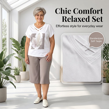 ✨👗Conjunto casual de duas peças para mulher: t-shirt com decote em V e calças curtas