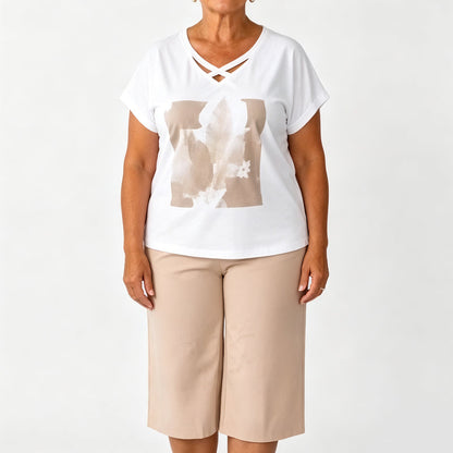 ✨👗Conjunto casual de duas peças para mulher: t-shirt com decote em V e calças curtas