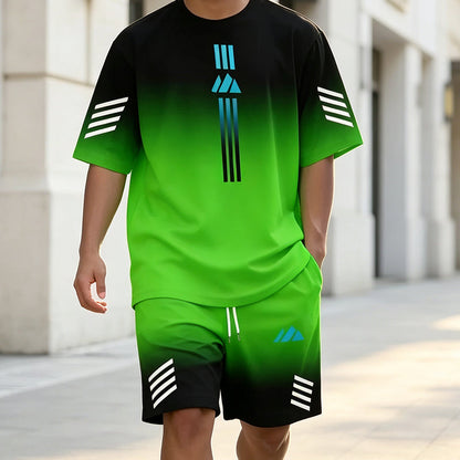 👕☀️ Conjunto de t-shirt e calções de verão para homem – Design com degradê, respirável e leve – Perfeito para dias quentes e passeios informais 🩳
