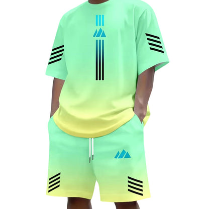 👕☀️ Conjunto de t-shirt e calções de verão para homem – Design com degradê, respirável e leve – Perfeito para dias quentes e passeios informais 🩳