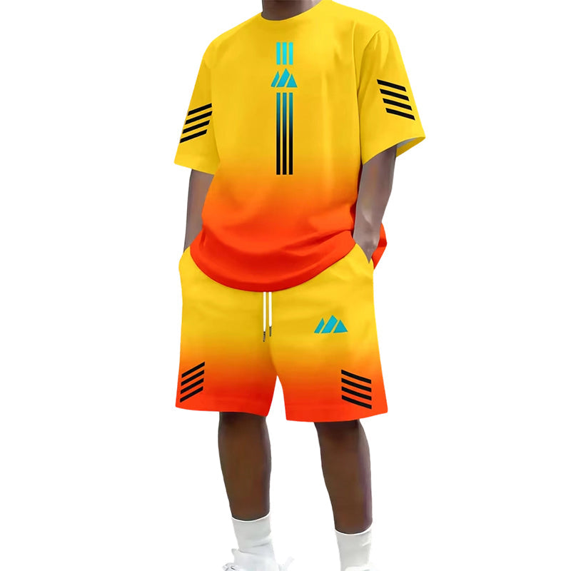 👕☀️ Conjunto de t-shirt e calções de verão para homem – Design com degradê, respirável e leve – Perfeito para dias quentes e passeios informais 🩳