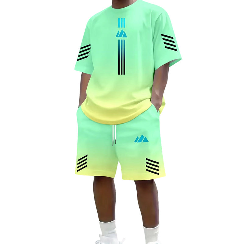 👕☀️ Conjunto de t-shirt e calções de verão para homem – Design com degradê, respirável e leve – Perfeito para dias quentes e passeios informais 🩳