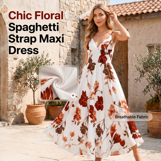 ✨👗Vestido maxi com alças finas estampado para mulher