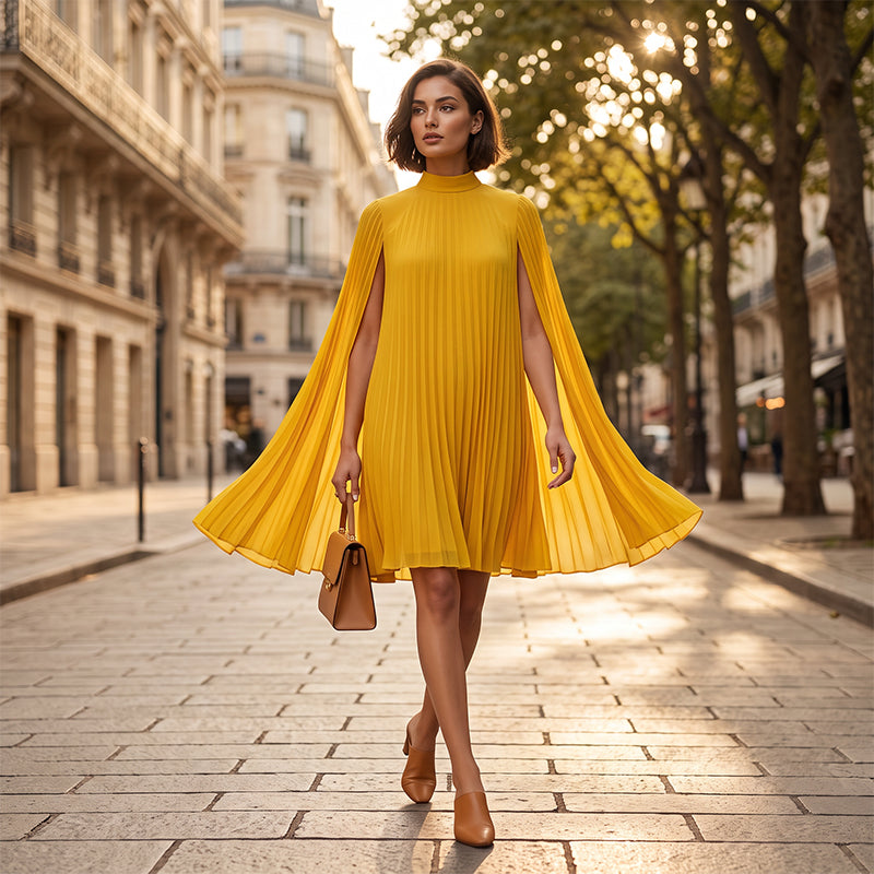 Tendência do momento⭐💃 Vestido plissado elegante com silhueta em forma de capa