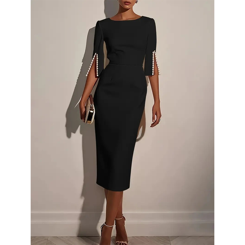 ✨👗Vestido feminino de corte justo com gola redonda