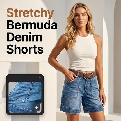 ✨🩳 Calções de ganga Bermuda que estão a dar que falar – Confiança com cobertura até à coxa e corte elástico de cintura média ✨