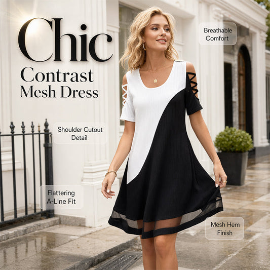 ✨👗Vestido midi feminino com gola redonda e blocos de cor, com bainha em malha