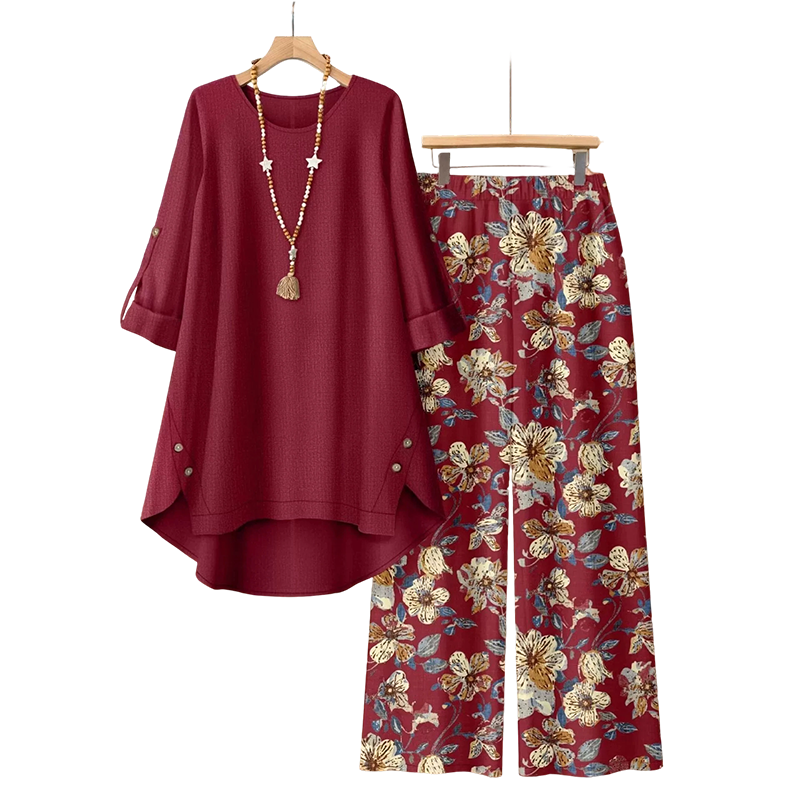 ✨👗Conjunto de blusa de manga curta e calças em algodão e linho para mulher