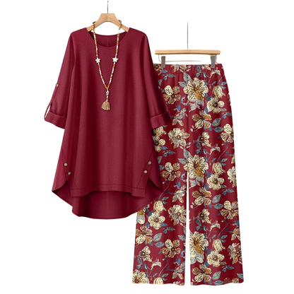 ✨👗Conjunto de blusa de manga curta e calças em algodão e linho para mulher