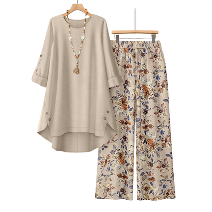 ✨👗Conjunto de blusa de manga curta e calças em algodão e linho para mulher