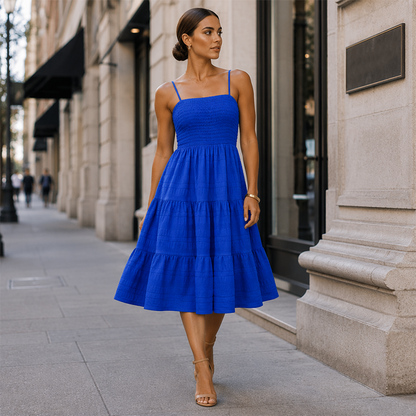 ✨👗Mini-vestido feminino com franzido e camadas – alças ajustáveis, peito elástico e corte em A arejado ✨